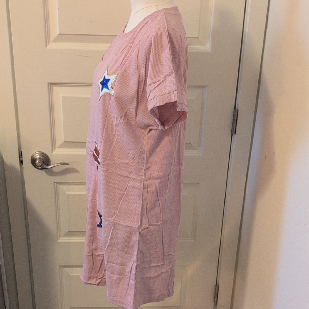 Patriotic Short Sleeve Dress Crewneck Pink with Sequined Stars Size Large - Picture 5 of 14